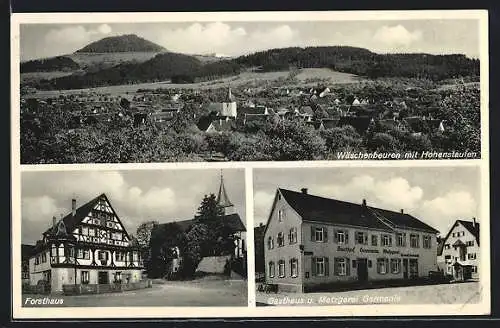 AK Wäschenbeuren, Gesamtansicht mit Hohenstaufen, Forsthaus, Gasthaus und Metzgerei Germania