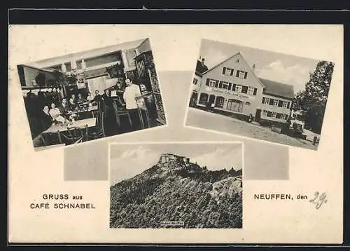 AK Neuffen, Cafe Schnabel, Aussen- u. Innenansicht, Burgruine Hohen-Neuffen