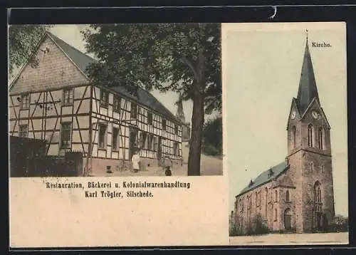 AK Silschede, Restauration, Bäckerei und Kolonialwarenhandlung Karl Trögler, die Kirche