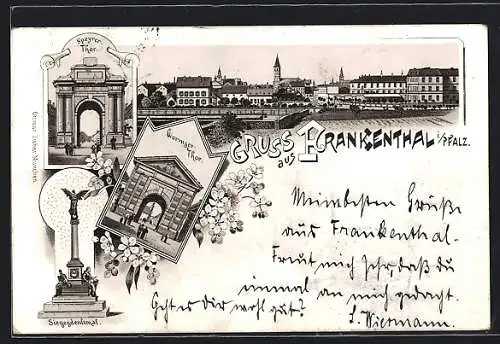Lithographie Frankenthal i. Pfalz, Ortsansicht, Speyrer-Thor, Wormser-Thor, Siegesdenkmal
