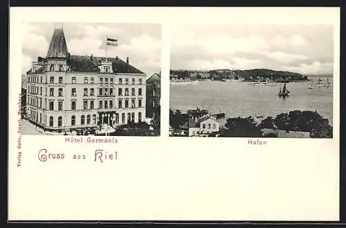 AK Kiel, Hotel Germania, Panorama mit Hafen