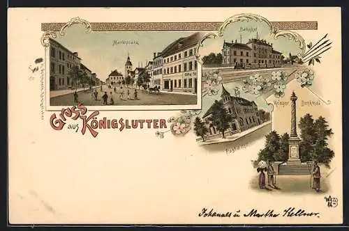 Lithographie Königslutter, Marktplatz, Bahnhof, Krieger-Denkmal, Postamt