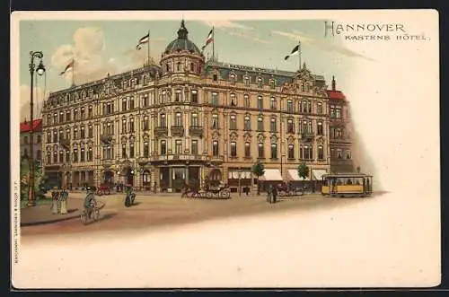 Lithographie Hannover, Strassenbahn an Kastens Hotel