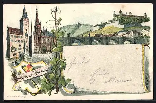 Lithographie Würzburg, Kirche, Ortsansicht, Verlag Franz Scheiner