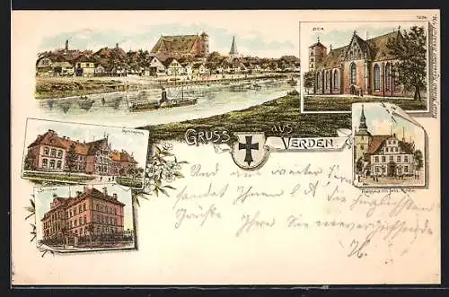 Lithographie Verden, Dom, Rathaus mit Johs.-Kirche, Gymnasium, Seminar