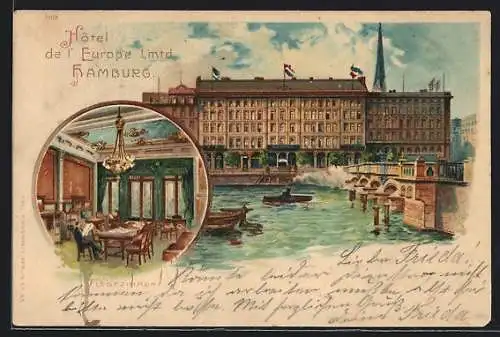 Lithographie Hamburg, Hotel de l`Europe, Lesezimmer