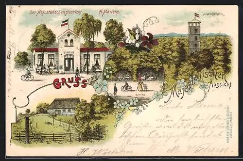 Lithographie Harburg, Gasthof Zur Majestätischen Aussicht v. H. Martens, Aussichtsturm
