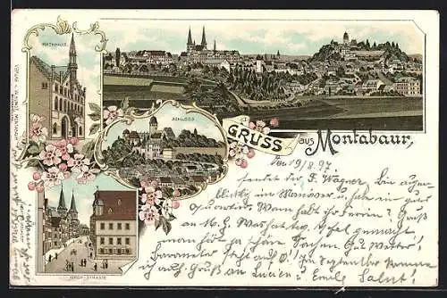 Lithographie Montabaur, Rathaus, Schloss, Kirchstrasse