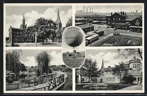 AK Bitterfeld, Ballon, Bahnhof, Rosengarten, Springbrunnen, 