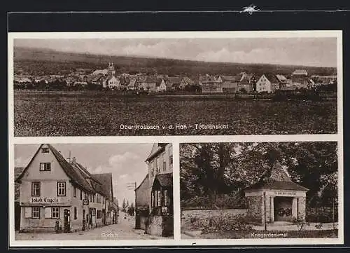 AK Ober-Rosbach v. d. Höh, Kolonialwaren Jacob Engel, Dorfstrasse, Kriegerdenkmal, Totalansicht