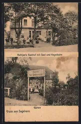 AK Sagehorn, Rathjens Gasthof mit Saal und Kegelbahn, Garten