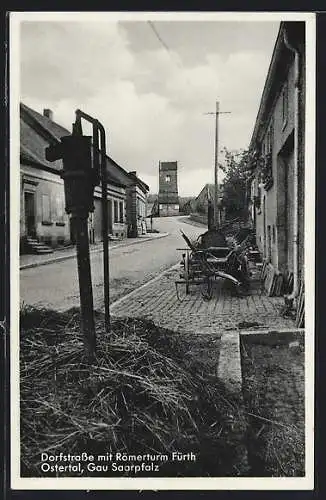 AK Ostertal / Saar, Dorfstrasse mit Römerturm