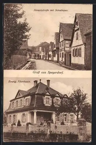 AK Speyerdorf, Hauptstrasse mit Schulhaus, Evangelisches Pfarrhaus