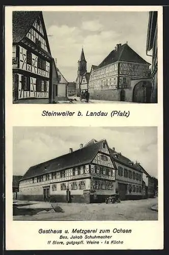 AK Steinweiler b. Landau /Pfalz, Gasthaus u. Metzgerei zum Ochsen, Bes. Jakob Schuhmacher