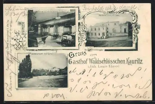 AK Kauritz, Der Gasthof Waldschlösschen, Gastzimmer mit elektrischem Orchestrion, Gartenansicht