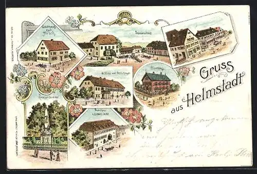 Lithographie Helmstadt / Bargen, Gasthaus zum Hirsch, Wasserschloss, Schloss Berlichingen, Kriegerdenkmal, Pfarrhaus