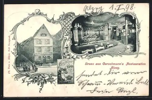 AK Alzey, Curschmann`s Restauration mit Innenansicht, Plakette des Augustiner-Bräus München