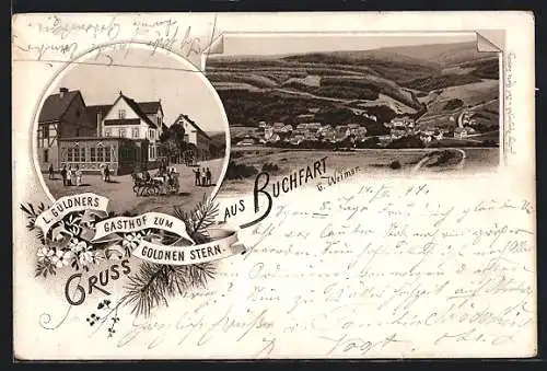 Vorläufer-Lithographie Buchfart, 1894, Gesamtansicht, L. Güldners Gasthof zum Goldnen Stern