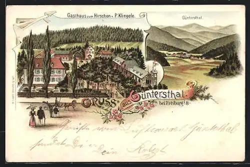 Lithographie Güntersthal b. Freiburg, Gasthaus zum Hirschen v. P. Klingele, Panoramaansicht des Güntersthales