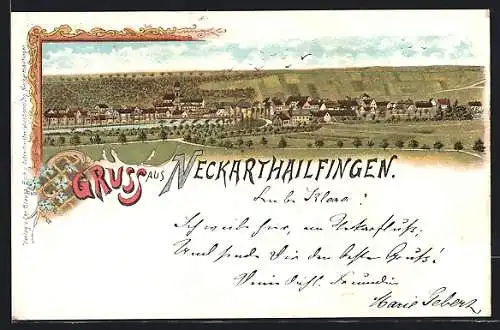 Lithographie Neckarthailfingen, Gesamtansicht gegen einen Hügelkamm, mit einer Flussbrücke