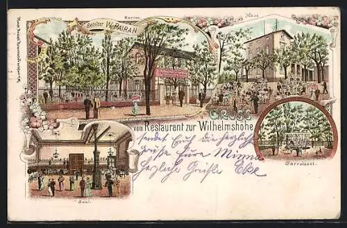 Lithographie Frankfurt-Seckbach, Das Restaurant zur Wilhelmshöhe, Ansichten von Aussenbereich, Saal und Carrousel