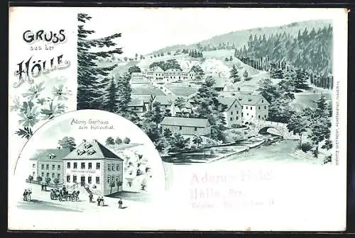 Lithographie Hölle, Adams Gasthaus zum Höllenthal, Ortsansicht am Fluss