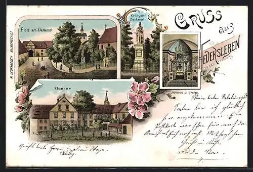 Lithographie Hedersleben / Magdeburg, Platz am Denkmal, Kriegerdenkmal, Kloster um 1900