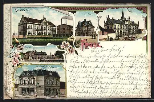 Lithographie Frose, Bahnhof, Post, Stiftsgebäude, Kohlenwerk, Warenhaus Fr. Sauerbier