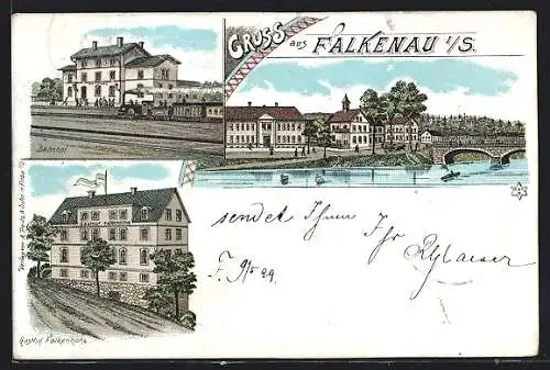 Lithographie Falkenau i. S., Der Bahnhof, Flusspartie und der Gasthof Falkenhöhe