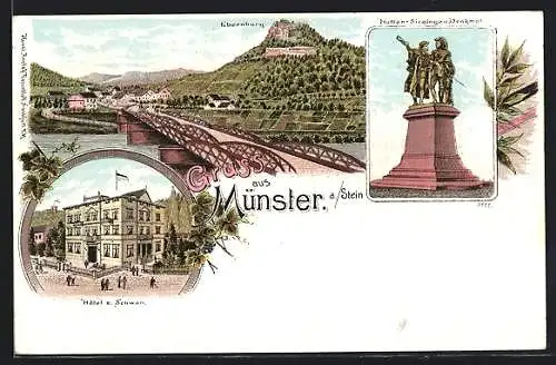 Lithographie Münster a. Stein, Hotel zum Schwan, Ebernburg u. Brücke, Hutten-Sickingen-Denkmal