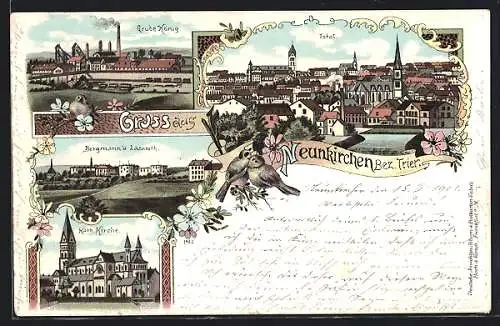 Lithographie Trier-Neunkirchen, Die Grube König, Bergmann`s Lazareth, Katholische Kirche