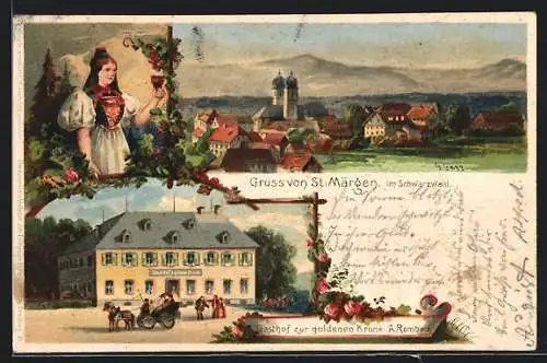 Lithographie St. Märgen im Schwarzwald, Ortsansicht mit Kirche, Frau in Tracht, Gasthof zur goldenen Krone v. A. Rombach