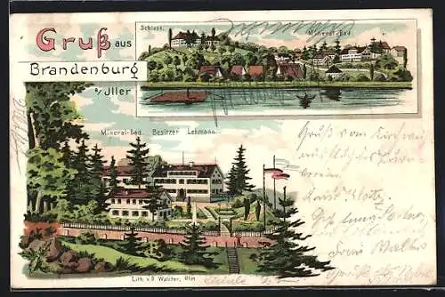 Lithographie Brandenburg / Iller, Mineralbad v. Lehmann, Blick zum Ort