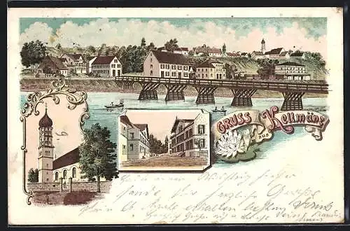 Lithographie Kellmünz, Strassenansicht, Kirchenansicht, Blick übers Wasser zum Ort