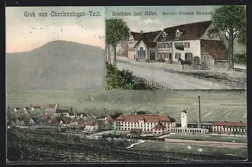 AK Oberlenningen-Teck, Gesamtansicht mit dem Bahnhof, Gasthaus zum Adler v. Friedrich Kiedaisch
