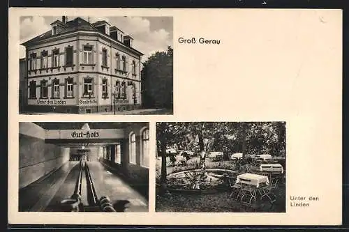 AK Gross Gerau, Gaststätte Unter den Linden mit Gartenansicht und Kegelbahnen, Darmstädterstr. 68