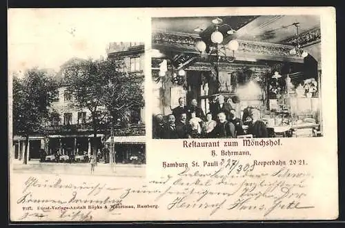 AK Hamburg-St. Pauli, Das Restaurant zum Mönchshof, Inh. H. Behrmann, Innenansicht mit Gästen