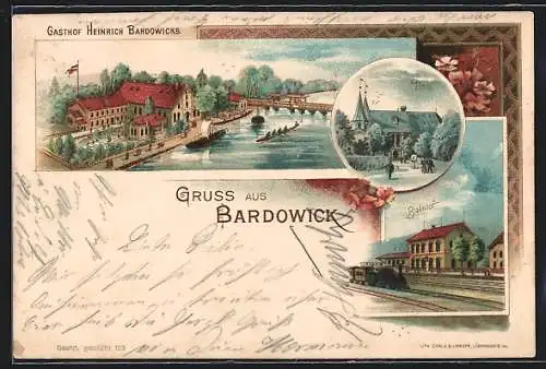 Lithographie Bardowick, Gasthof Heinrich Bardowicks und Bahnhof