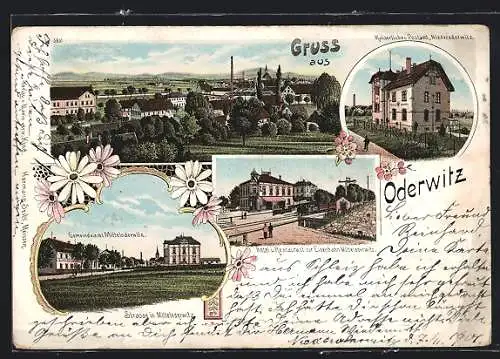 Lithographie Oderwitz, Kaiserliches Postamt, Hotel und Restaurant zur Eisenbahn, Gemeindeamt Mitteloderwitz