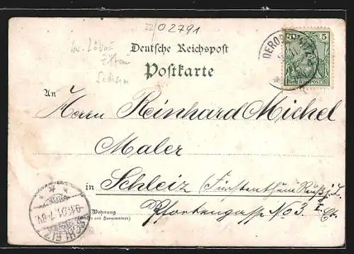 Lithographie Oderwitz, Kaiserliches Postamt, Hotel und Restaurant zur Eisenbahn, Gemeindeamt Mitteloderwitz