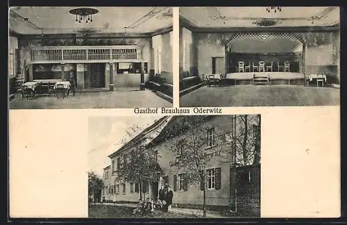 AK Oderwitz /Pegau /Sa., Gasthof Brauhaus Oderwitz O. Berger mit Saal-Ansichten, Bühne