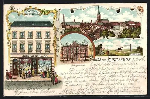 Lithographie Buxtehude, Waarenhaus Ernst Söhle, Bürgerschule, Teilansicht