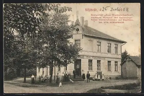 AK Silschede, Restaurant zum Waldschösschen A. Schlapbach mit kleiner Versammlung