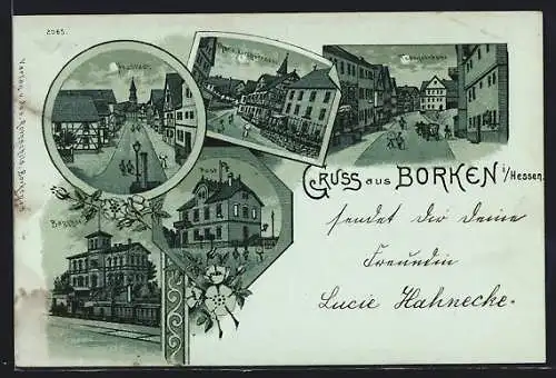 Mondschein-Lithographie Borken / Hessen, Bahnhof, Post, Neustadt, Todenstrasse