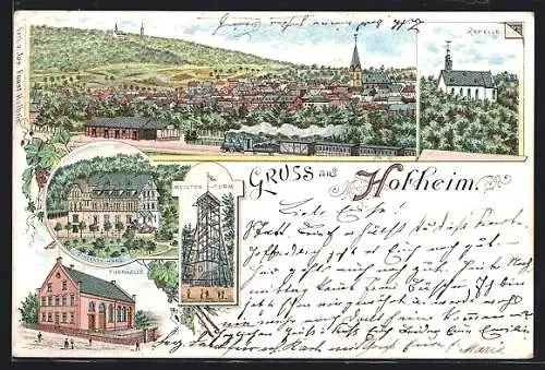 Lithographie Hofheim /Taunus, Vincents-Haus, Kapelle, Turnhalle, Ortsansicht mit Bahnhof