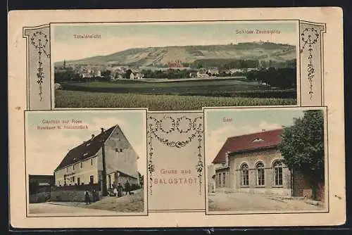 AK Balgstädt, Gasthaus zur Rose, Inh. K. Steinbrück, Saal, Schloss Zscheiplitz