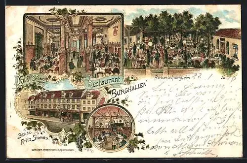 Lithographie Braunschweig, Restaurant Burghallen mit Garten und Saal