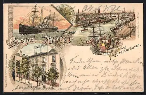 Lithographie Bremerhaven, Lloyd Hotel und Hafenpartie mit Segelschiffen