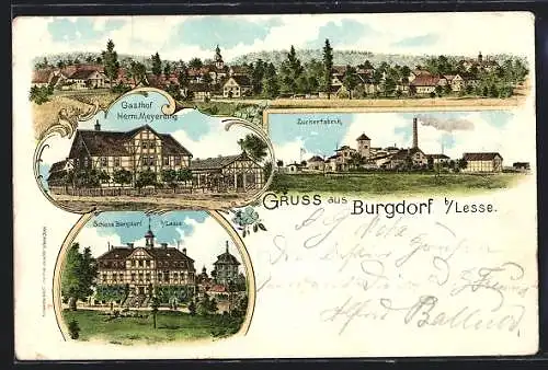 Lithographie Burgdorf / Salzgitter, Gasthof Meyerding, Zuckerfabrik, Panorama