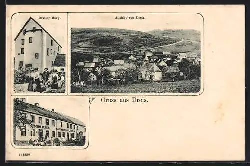 AK Dreis, Gasthaus-Handlung Geschw. Meyer, Dreiser Burg, Ortsansicht